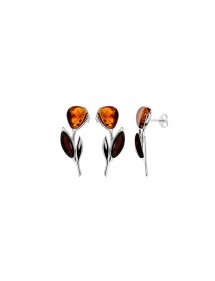 Flower earrings in Cognac amber and cherry color, rhodium silver
