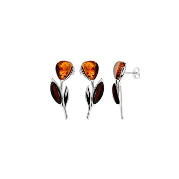 Flower earrings in Cognac amber and cherry color, rhodium silver 31318187 Nature d'Ambre 82,90 €