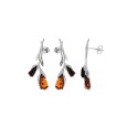 Cognac amber flower earrings and cherry-colored petals, rhodium silver