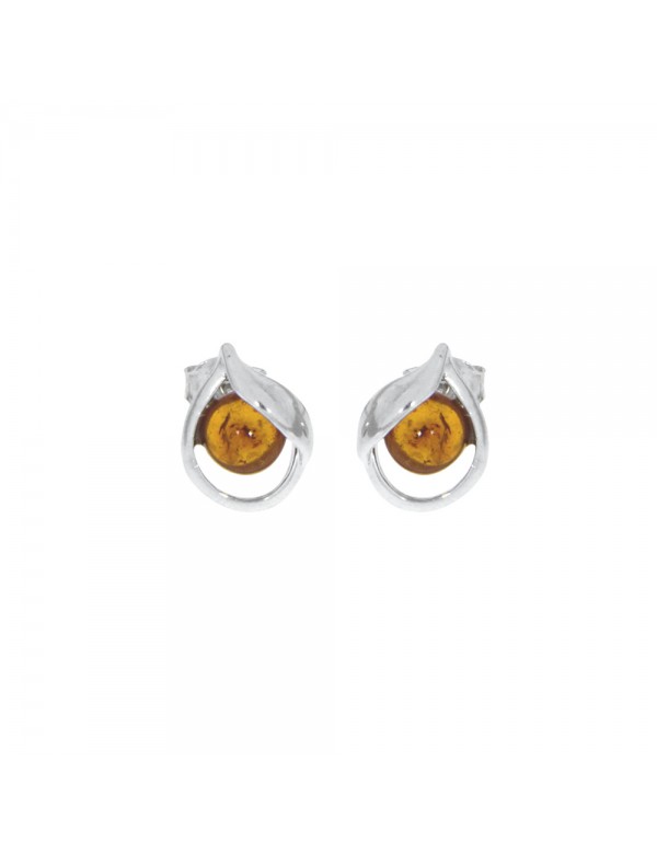 Boucles d'oreilles puce ambre couleur miel ornées de feuille en argent rhodié