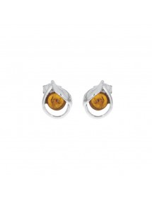 Boucles d'oreilles puce ambre couleur miel ornées de feuille en argent rhodié