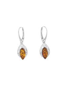 Boucles d'oreilles dormeuses ovales en ambre avec cadre fantaisie en argent rhodié