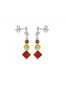 Amber and silver 3 round stones and diamonds dangling earrings