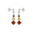 Amber and silver 3 round stones and diamonds dangling earrings