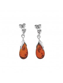 Amber drop-shaped earrings, rhodium-plated silver frame