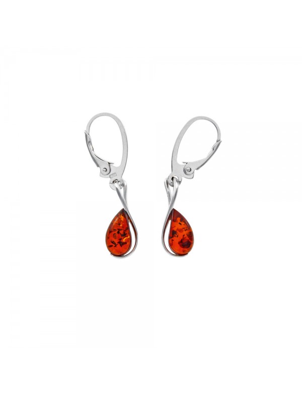 Rhodium silver earrings with an amber stone on the side