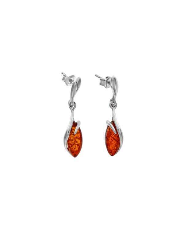 Rhodium-plated silver earrings adorned with an oval amber stone