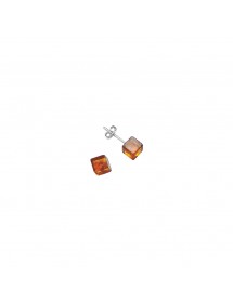 Cube-shaped silver and cognac amber earrings