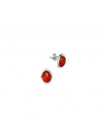 Earrings with a round amber stone surrounded by silver