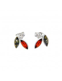 Stud earrings in the shape of leaves in green amber and cherry, silver