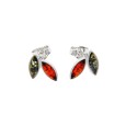 Stud earrings in the shape of leaves in green amber and cherry, silver