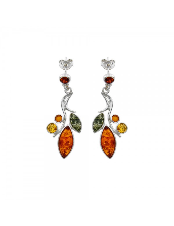 Silver branch-shaped earrings and amber leaves