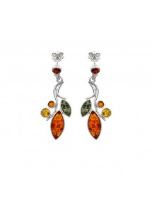 Silver branch-shaped earrings and amber leaves