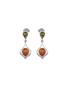 Mid-length spade-shaped earrings with green amber and cognac, silver