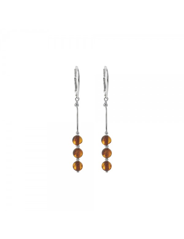 Long earrings in silver and amber with 3 round stones