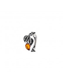 Leaf-shaped ring in cognac amber and aged silver, rhodium silver