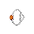 Small amber stone ring with openwork heart in rhodium silver