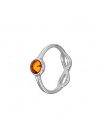 Piccolo anello in pietra d'ambra con segno dell'infinito traforato in argento rodiato