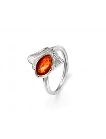 Adjustable ring Amber drop shape and Ginkgo leaf in rhodium silver