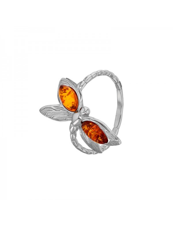 Dragonfly-shaped ring in honey amber and rhodium silver