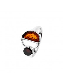 Round shape ring in cognac and cherry amber, rhodium silver
