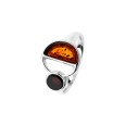 Round shape ring in cognac and cherry amber, rhodium silver