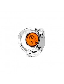 Hammered effect circle ring with round stone Amber, rhodium silver