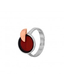 Round ring Cherry amber and rose-gold semi-circle, rhodium-plated silver frame