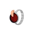 Round ring Cherry amber and rose-gold semi-circle, rhodium-plated silver frame