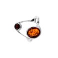 Circle ring with circles in cognac amber and cherry, rhodium silver