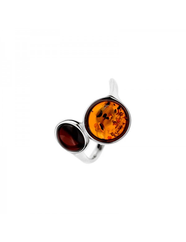 Round ring in cognac and cherry amber, rhodium silver