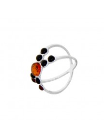 Cross ring with small stones Amber, cherry and cognac, rhodium silve