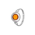 Amber round stone ring in cognac color and rhodium silver frame