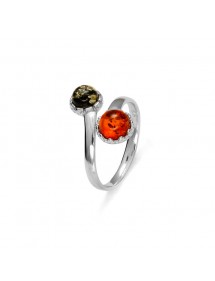 Adjustable ring Cognac and green amber, rhodium silver