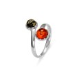 Adjustable ring Cognac and green amber, rhodium silver