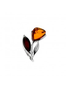 Flower ring in cognac amber and cherry color, rhodium silver