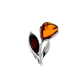 Flower ring in cognac amber and cherry color, rhodium silver 311726 Nature d'Ambre 82,00 €
