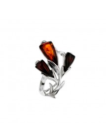 Flower ring Cognac amber and cherry-colored petals, rhodium silver 311728 Nature d'Ambre 52,00 €