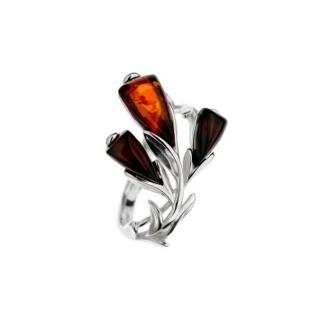 Flower ring Cognac amber and cherry-colored petals, rhodium silver 311728 Nature d'Ambre 52,00 €