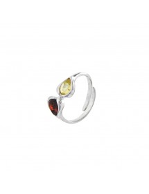 Adjustable oval amber ring with leaf frame in rhodium silver
