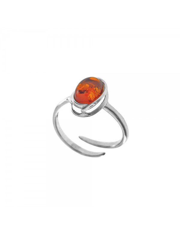 Adjustable cognac amber ring with rhodium silver frame