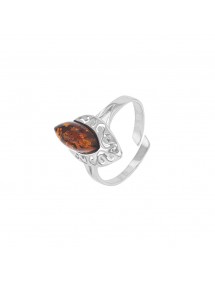 Adjustable ring in oval amber and openwork rhodium silver
