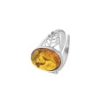 Amber adjustable ring in rhodium silver adorned with leaves