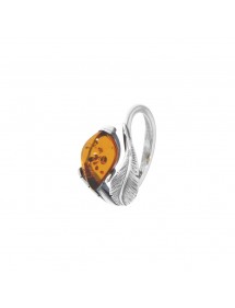 Adjustable ring in Amber with feather motif in aged silver