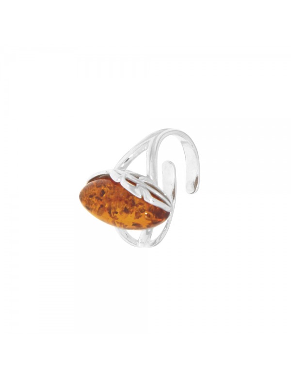 Adjustable amber ring with cognac-colored oval stone, rhodium silver