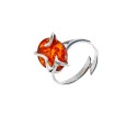 Rhodium-plated silver ring adjustable in honey-colored amber