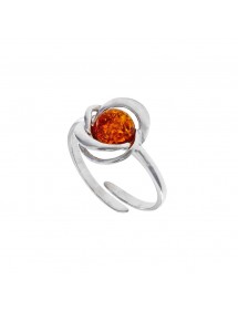Adjustable amber ring with interlaced rhodium silver frame
