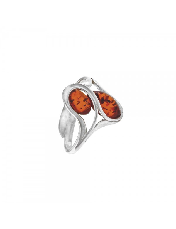 Adjustable rhodium silver ring with 2 oval amber stones
