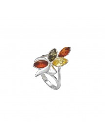 Silver leaf ring with amber