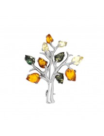 Broche arbre en ambre citrine, cognac et verte avec armature en argent rhodié